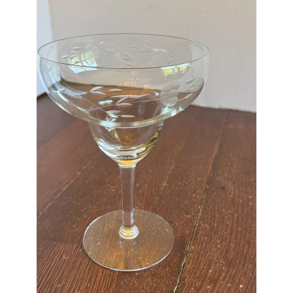 Princess House Heritage Etched Floral Margarita Glass Crystal Stemware‎ 7 inch